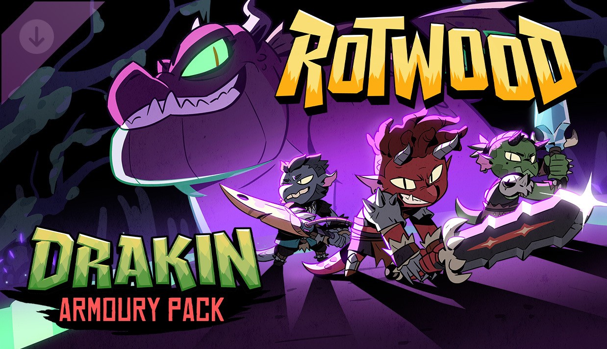 Rotwood Dragon characters wielding weapons with a dragon silhouette in the background. Text reads "Rotwood" and "Drakin Armoury Pack."