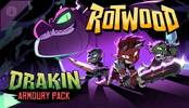 Rotwood Dragon characters wielding weapons with a dragon silhouette in the background. Text reads "Rotwood" and "Drakin Armoury Pack."