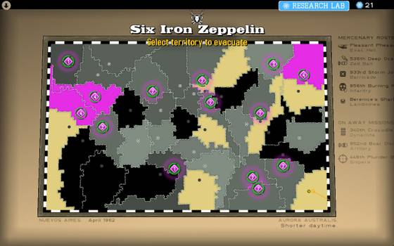 Game map titled "Six Iron Zeppelin" showing territories to evacuate, with colored regions, circled numbers, and a mercenary roster on the right.