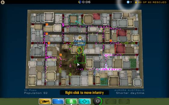 Aerial view of a urban-style video game map, showing paths, structures, and a "Scientist rescued" notification at the center.