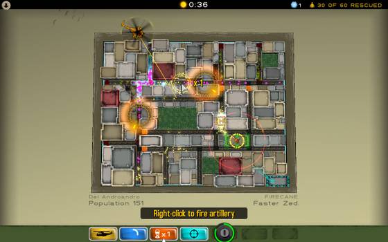 Top-down view of a strategy game map with pathways, buildings, explosions, a helicopter, and player controls at the bottom.
