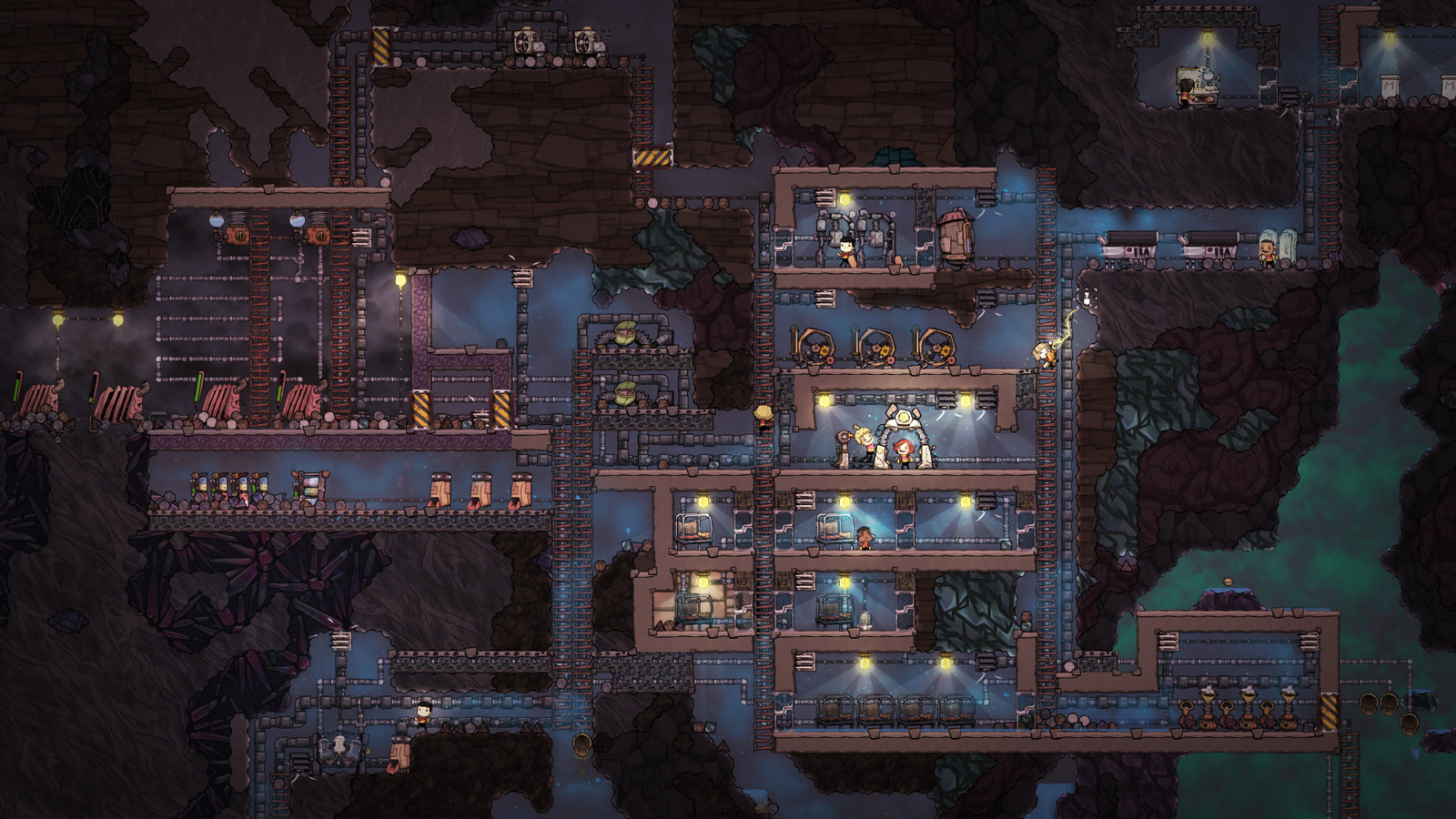 Oxygen Not Included early base interior with ladders, beds, workstations and pipes used to plan first rooms