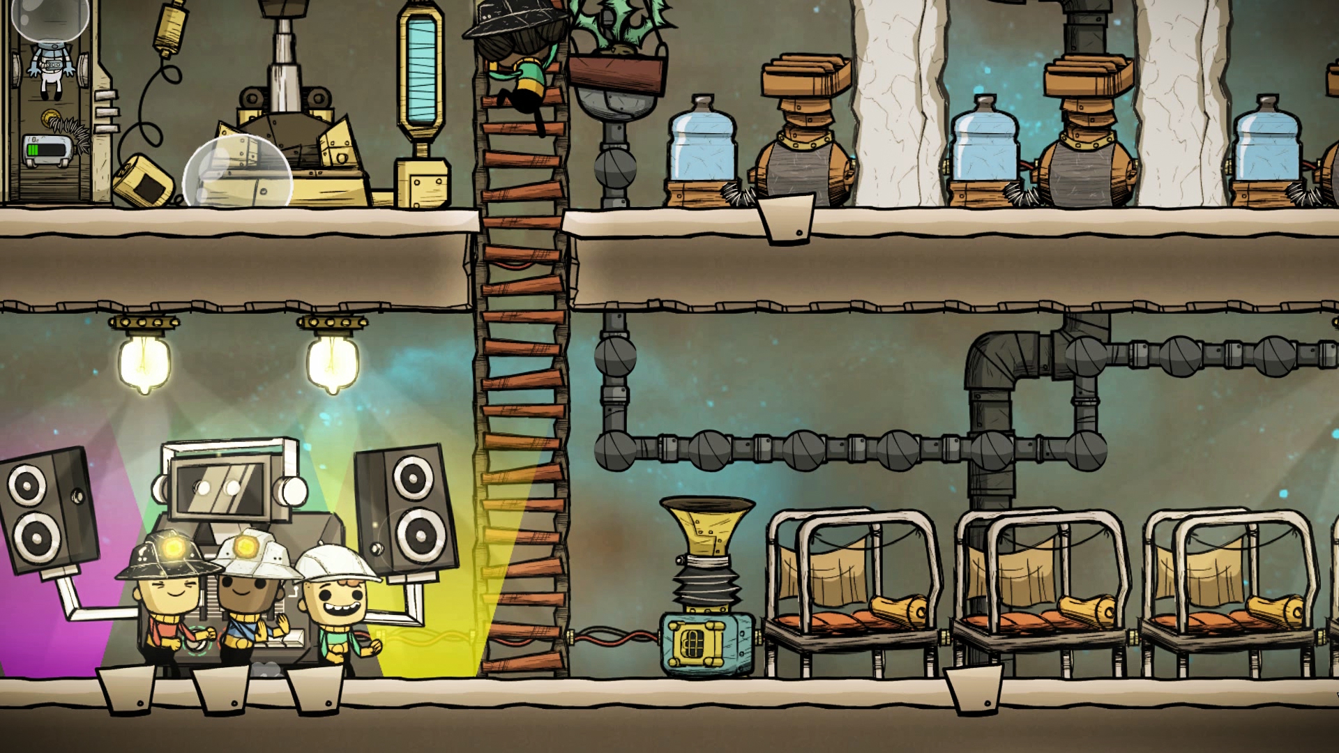 Oxygen Not Included colony with rest areas and water bottles showing a stable daily routine before advanced cooking