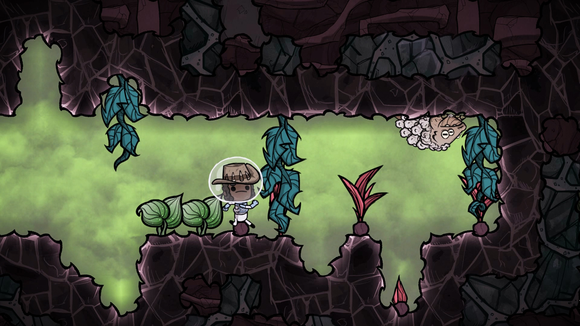 Oxygen Not Included gas biome with a Duplicant in a suit showing an area beginners should not open too early