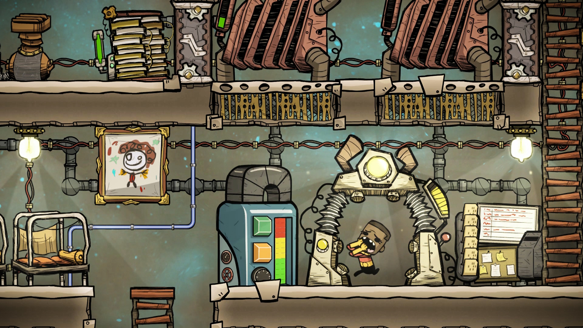 Stressed Oxygen Not Included Duplicant near research equipment showing why beginners should not overbuild too early