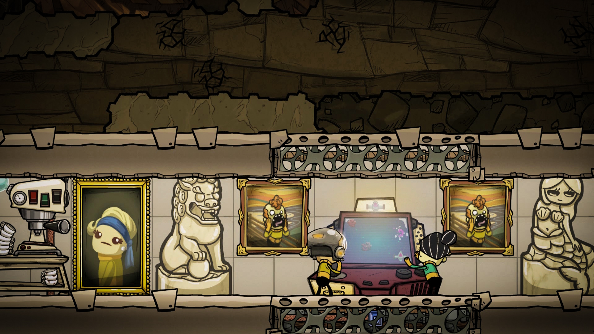 Oxygen Not Included recreation room with decor and entertainment buildings showing morale tools for later colony growth