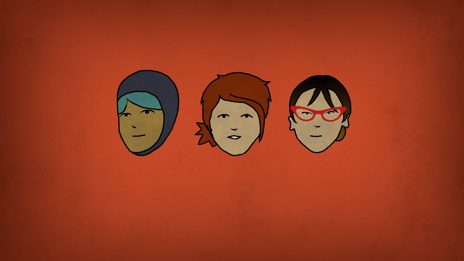 Three illustrated faces on an orange background: one with a hood, one with short hair, and one with glasses.