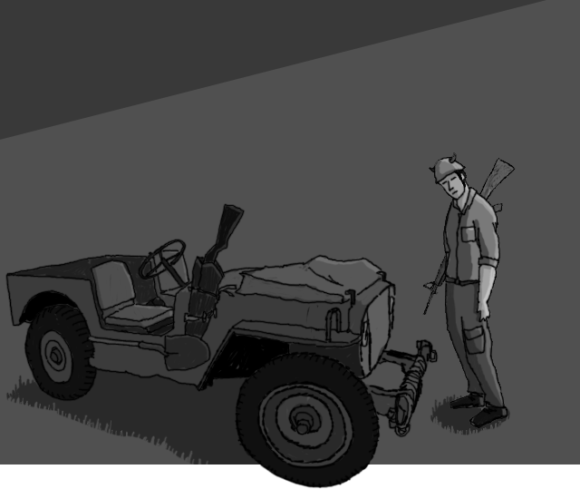 A soldier with a rifle stands beside a vintage military jeep, casting a shadow on the grass in dim light.