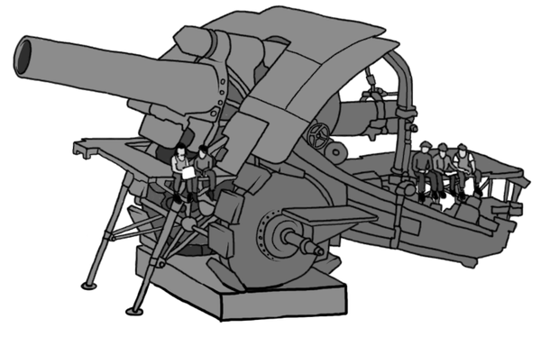 Cartoon depiction of a large artillery piece with a group of people on a platform.