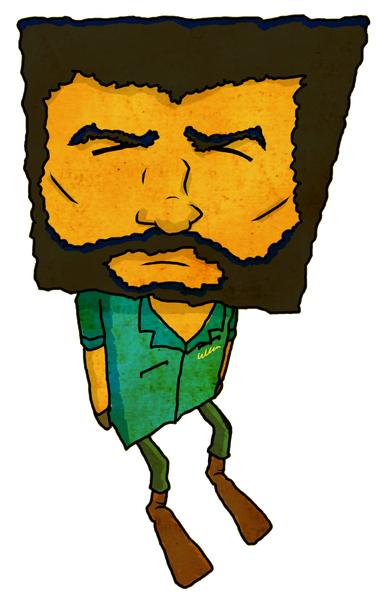 Cartoon character with a square head, thick beard, closed eyes, wearing a blue shirt, and brown boots.